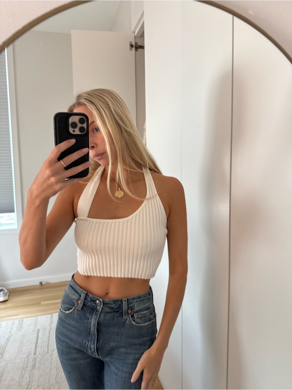 Women's Cream Ribbed Halter Crop Top